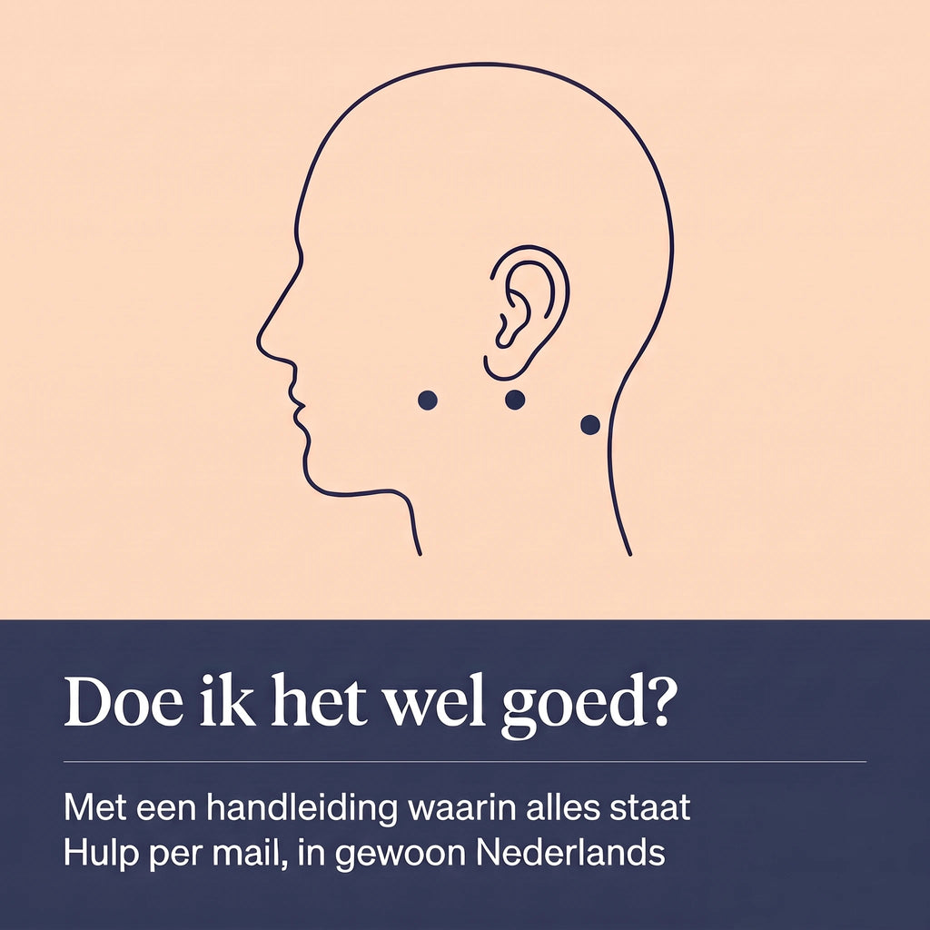 Doe ik het wel goed? Tekening van de drie plekken rond het oor, met handleiding
