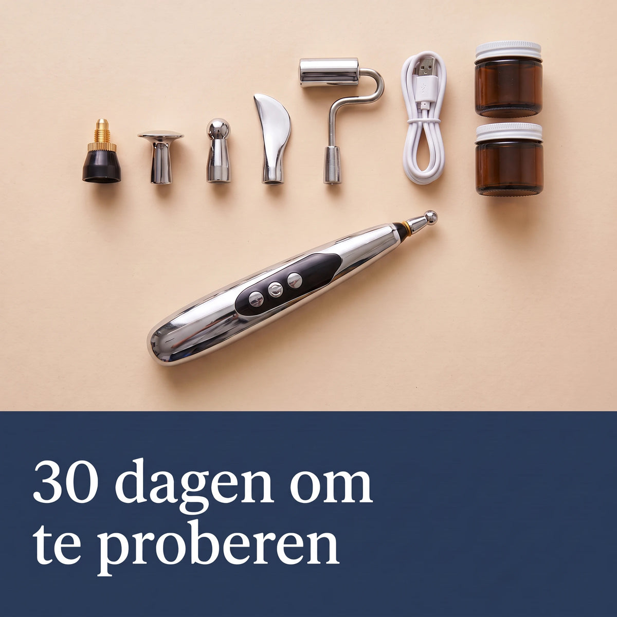 30 dagen om te proberen: pen, vijf kopjes, kabel en twee bruine potjes olie